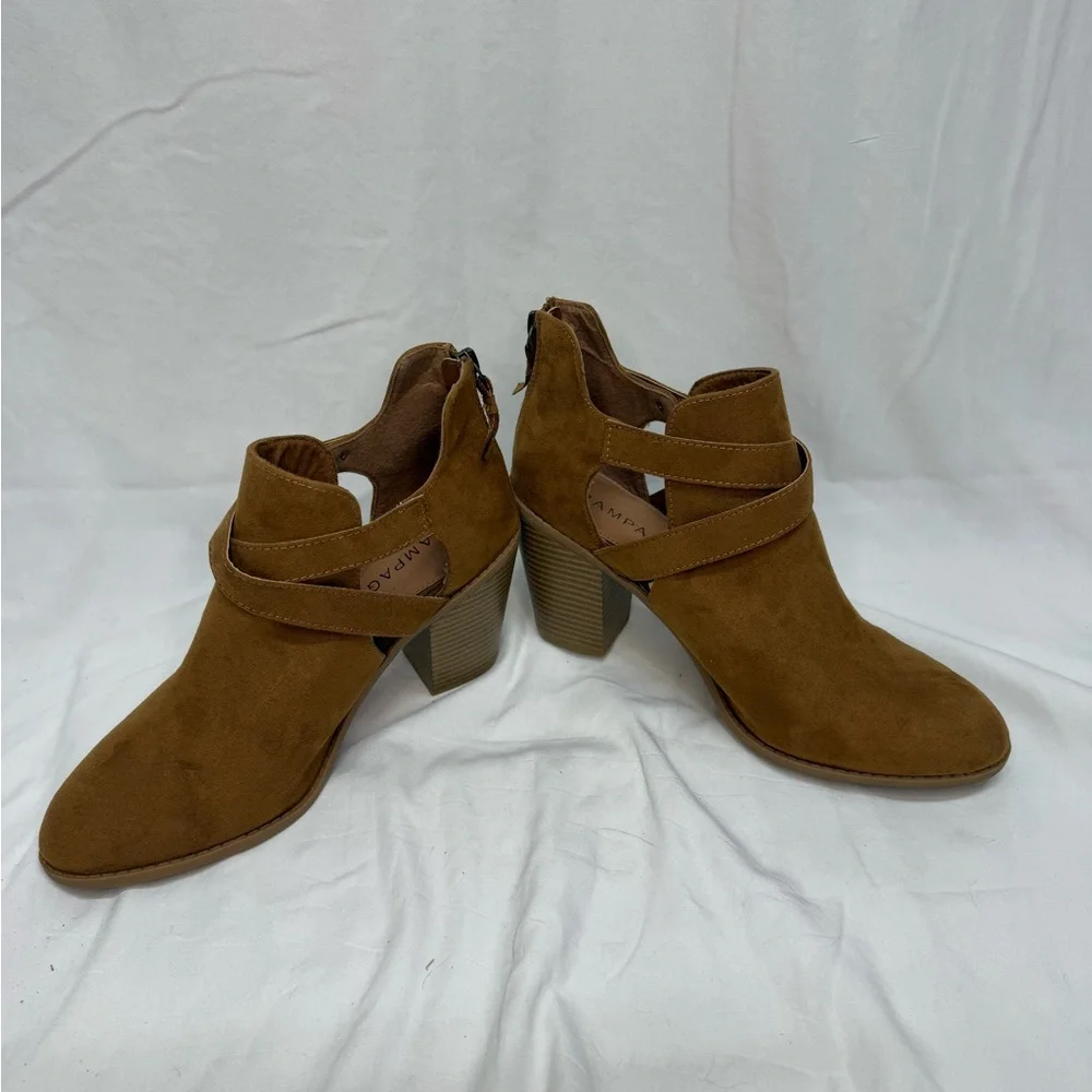 NWOT Rampage Women Vedette Brown/Camel Suede Strap Heel Bootie Sz 10‎